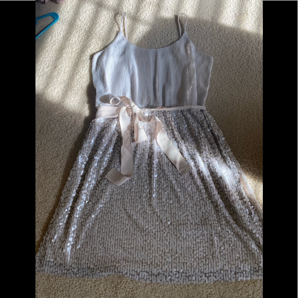 Express Sequin beige dress with tie belt